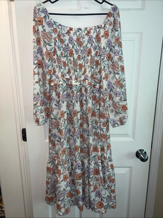 Dresses & Skirts - Floral Smock Midi Dress in Cream with Orange & Lavender Flowers